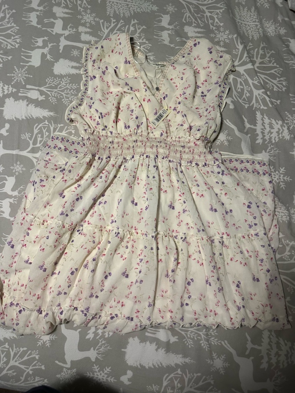 Smocked Cream Maxi Dress with Pink & Purple Floral Print